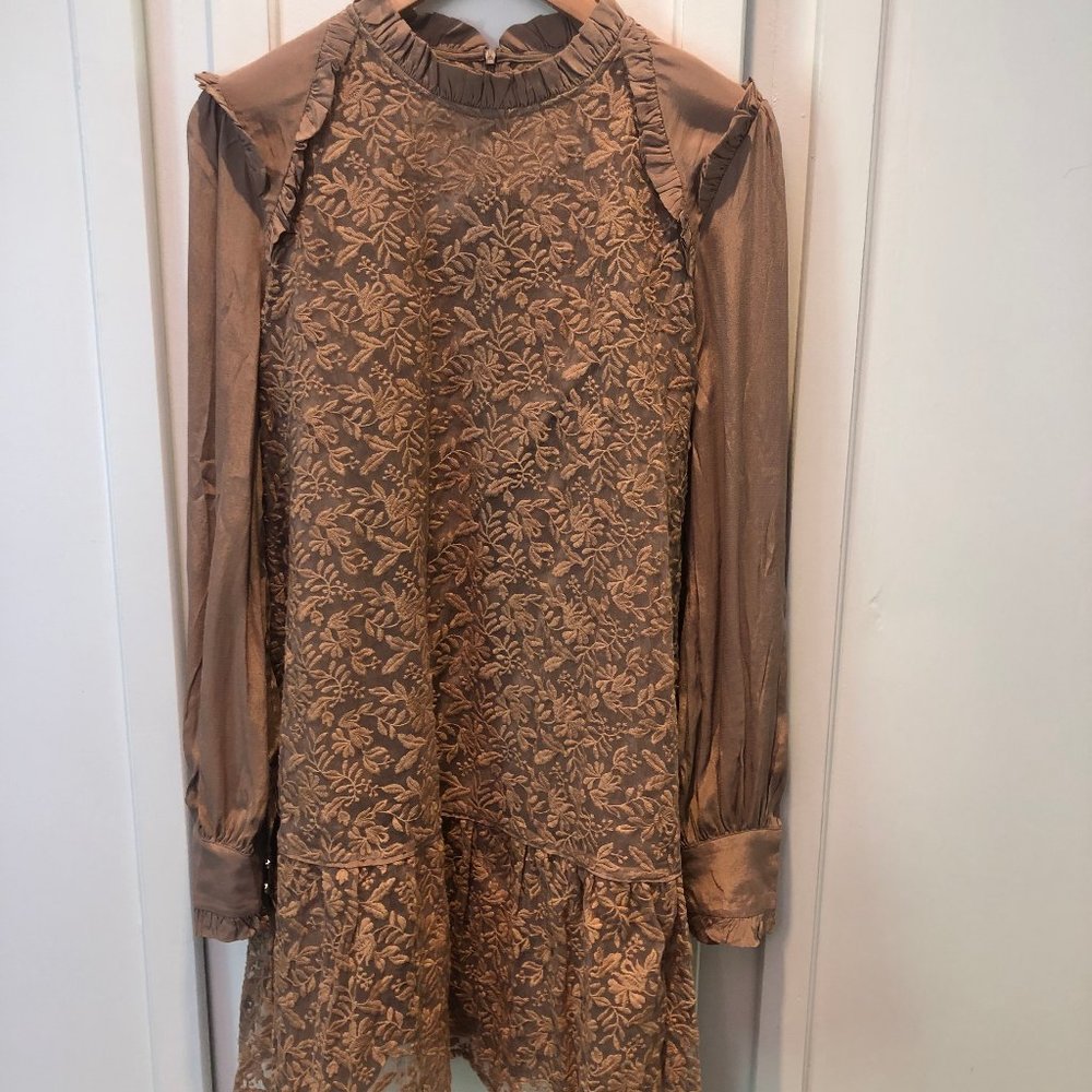 Mock Neck Embroidered Lettuce Shift Mini Dress